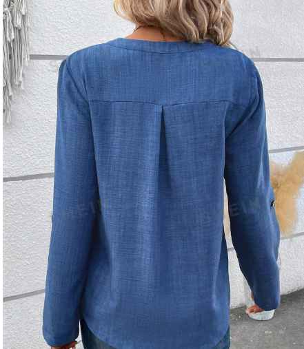 Camisa Azul Con Diseño De Bolsillo, Mangas Arremangables, Denim para mujer.