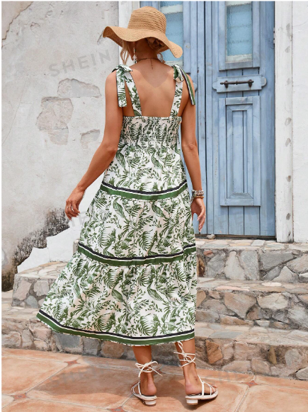 Vestido de tirantes con estampado tropical de hombros con cordón bajo con fruncido