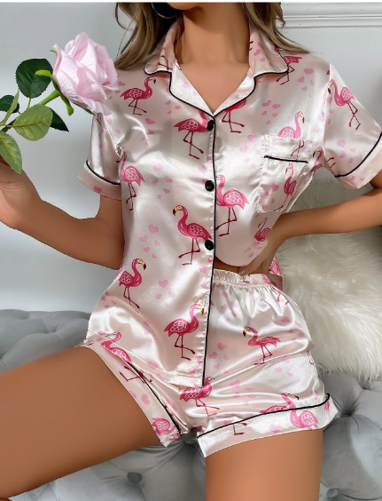 Pijama satinada estampado Flamingo mujer