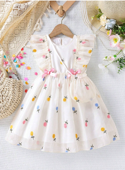 Vestido Y Bolso con lazitos Volantes Y Bordado Floral Para Niña