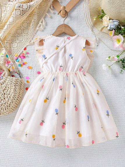 Vestido Y Bolso con lazitos Volantes Y Bordado Floral Para Niña