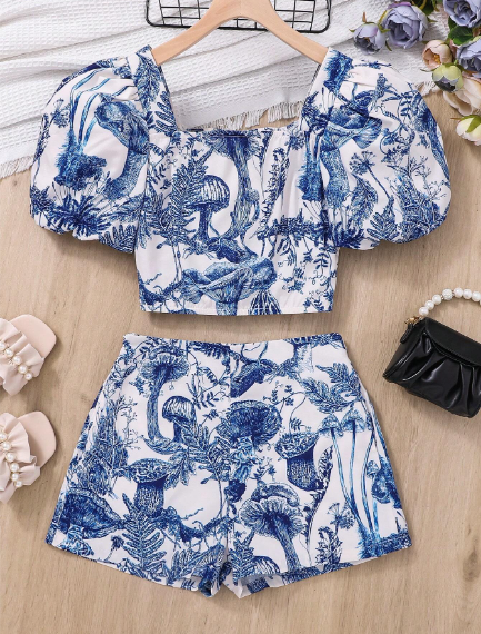 Conjunto Teen Blusa mangas abullonadas short estanmpado floral