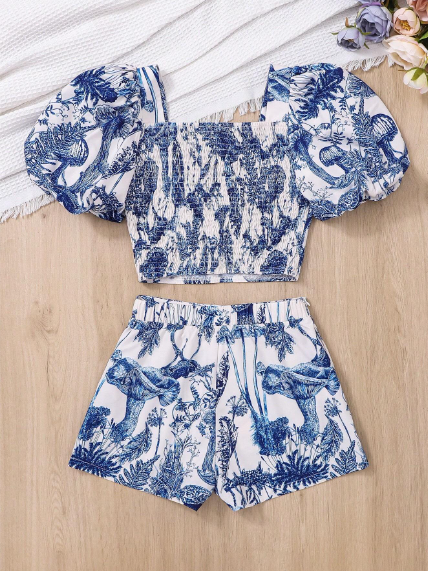 Conjunto Teen Blusa mangas abullonadas short estanmpado floral