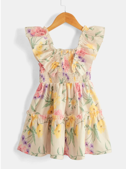 Vestido para niña diseño floral torso fruncido y detalles de volantes