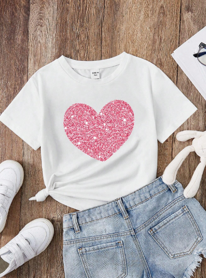 Camiseta Casual De Manga Corta Con Estampado De Corazón Para Chicas Adolescentes