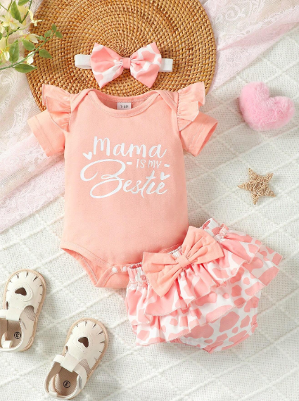 Juego de 3 piezas, bodie con mangas, short y lazo para bebe niña