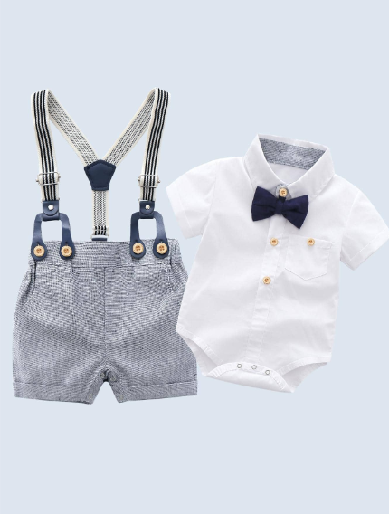 Conjunto de Camisa, Cargaderas, bermuda y Corbatín para bebe niño