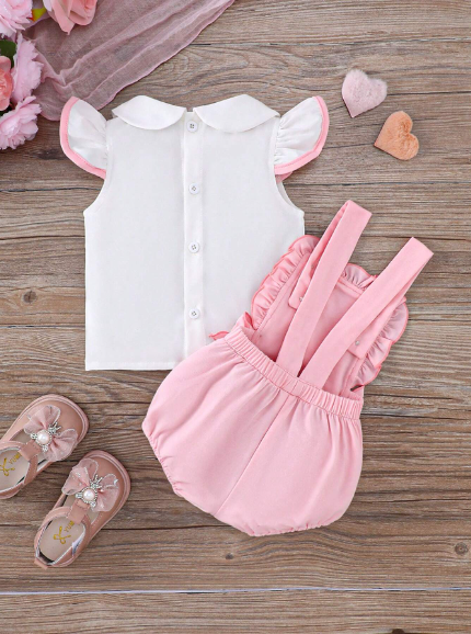 Conjunto De Top De Manga Corta Linda Con Cuello De Muñeca Y Pantalones Cortos De Verano Decorados lazos Para Niña