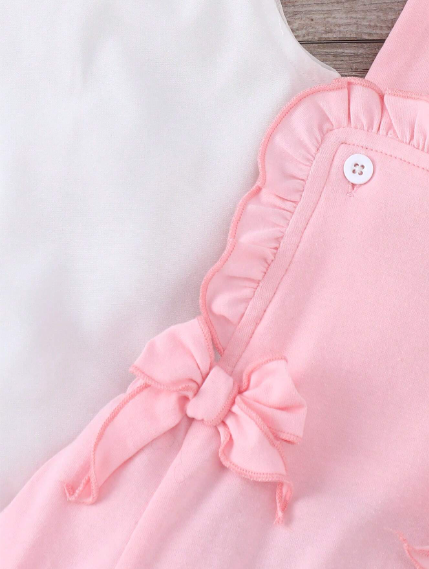 Conjunto De Top De Manga Corta Linda Con Cuello De Muñeca Y Pantalones Cortos De Verano Decorados lazos Para Niña