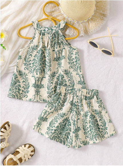 Conjunto estampado de top halter y short para niña