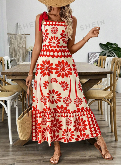 Vestido estampado floral rojo com tiras gruesas para mujer