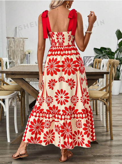 Vestido estampado floral rojo com tiras gruesas para mujer