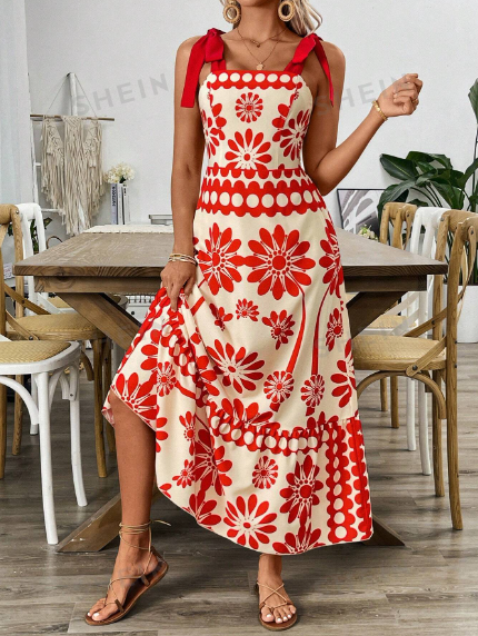 Vestido estampado floral rojo com tiras gruesas para mujer