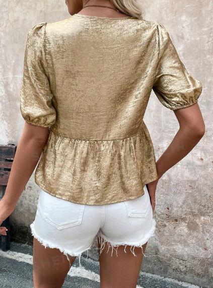 Blusa para mujer con textura metalizada con lazos frontales para mujer