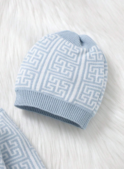 Conjunto De Mameluco Con Patrón Geométrico De Suéter, Gorro Y Manta Para Bebé Niño