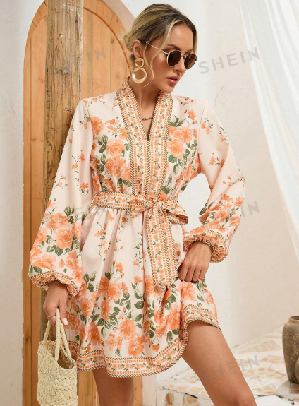 Vestido De Manga Larga Para Mujer Con Estampado Floral Y Cintura Definida