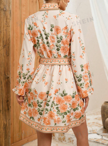 Vestido De Manga Larga Para Mujer Con Estampado Floral Y Cintura Definida