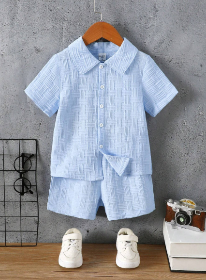 Conjunto De Camisa De Cuello Y Pantalones Cortos Sólidos Con Textura Para niños