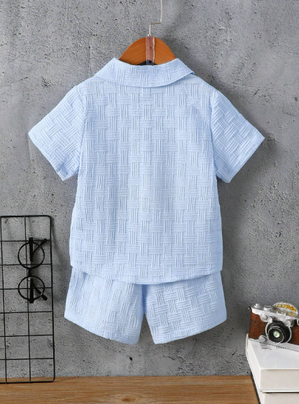 Conjunto De Camisa De Cuello Y Pantalones Cortos Sólidos Con Textura Para niños