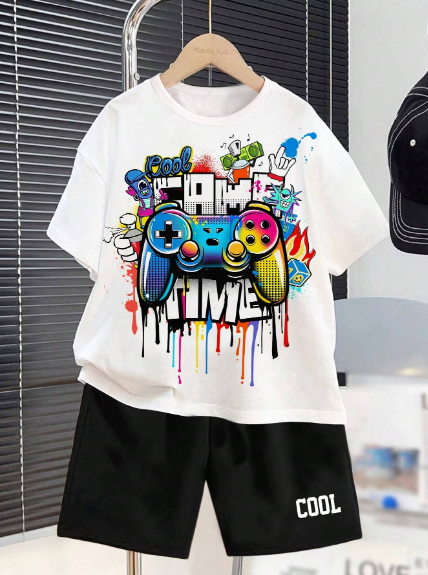 Conjunto de camiseta con gráficos de gamepad y pantalones cortos para niño