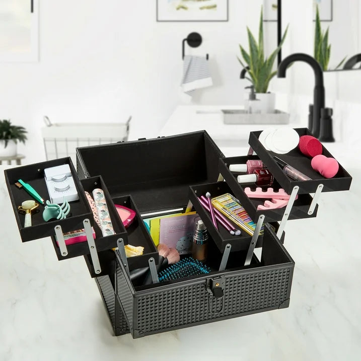 Organizador de cosméticos con estuche grande para maquillaje, negro mate, 6 bandejas marca Equate