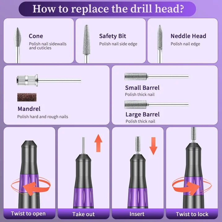 Máquina Eléctrica de Taladro de Uñas, Kit de Taladro de Uñas Eléctrico para Uñas Acrílicas DIY Manicura Pedicura